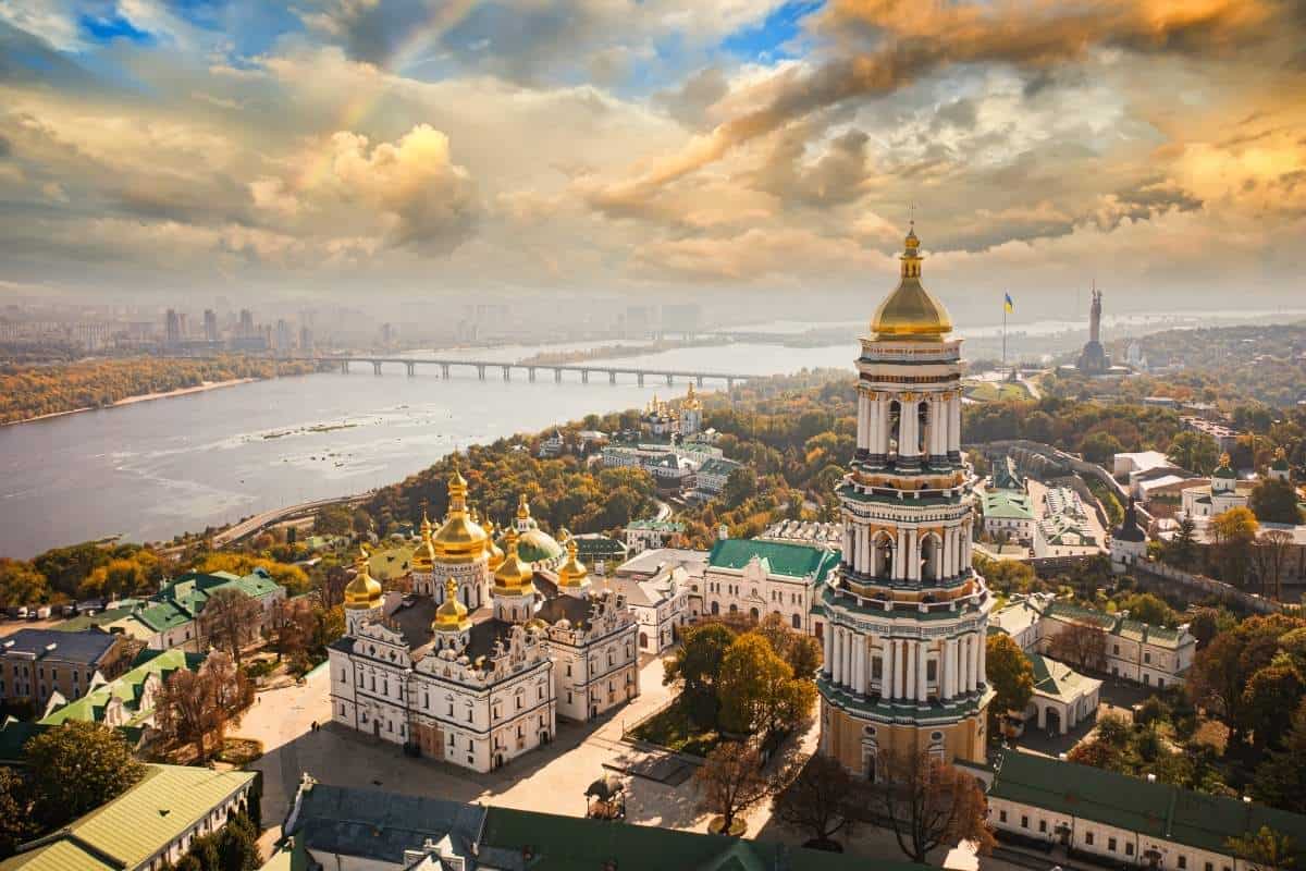 A drone shot of Kyiv Perchersk Lavra - included in our facts about world capitals trivia.