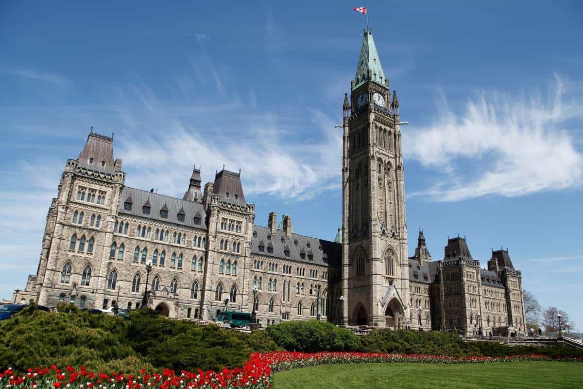 Canadian Parliament building in Ottawa during the annual Spring Tulip festival