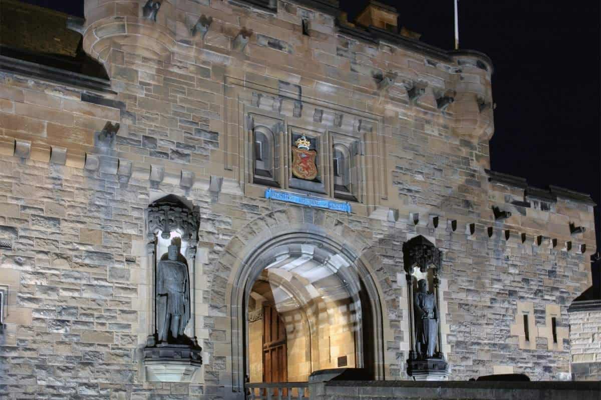 Entrance Gate to Edinburgh Castle, floodlit at night