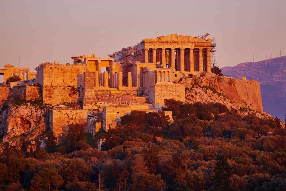 Acropolis historical ruins on top of mountain in Athens, Greece