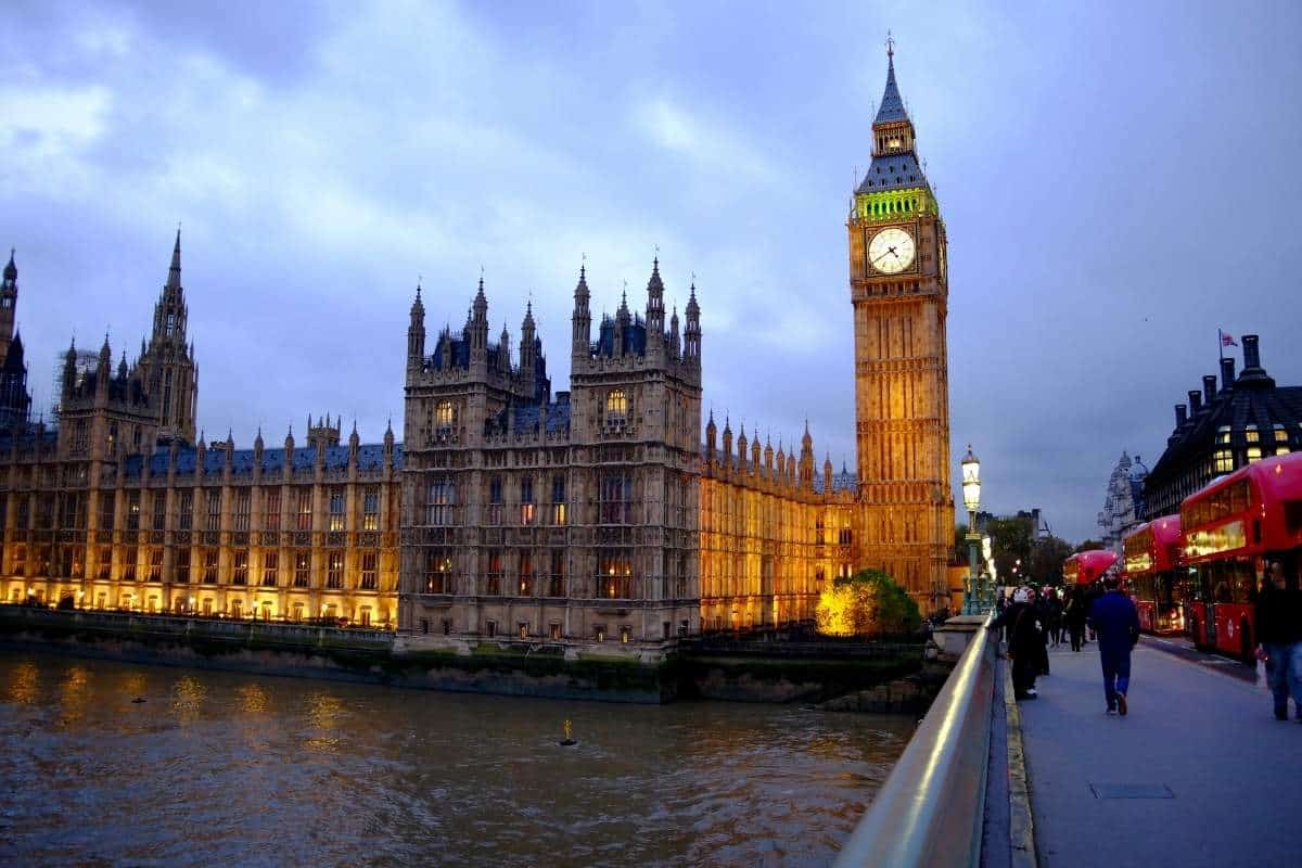 Big Ben clocktower in London, England lit up at night