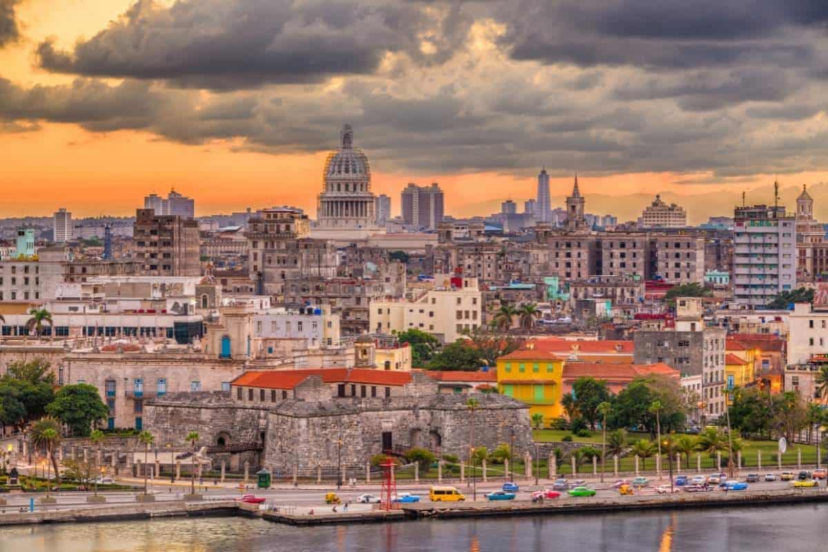 Havana, Cuba downtown skyline on the water just after sunset