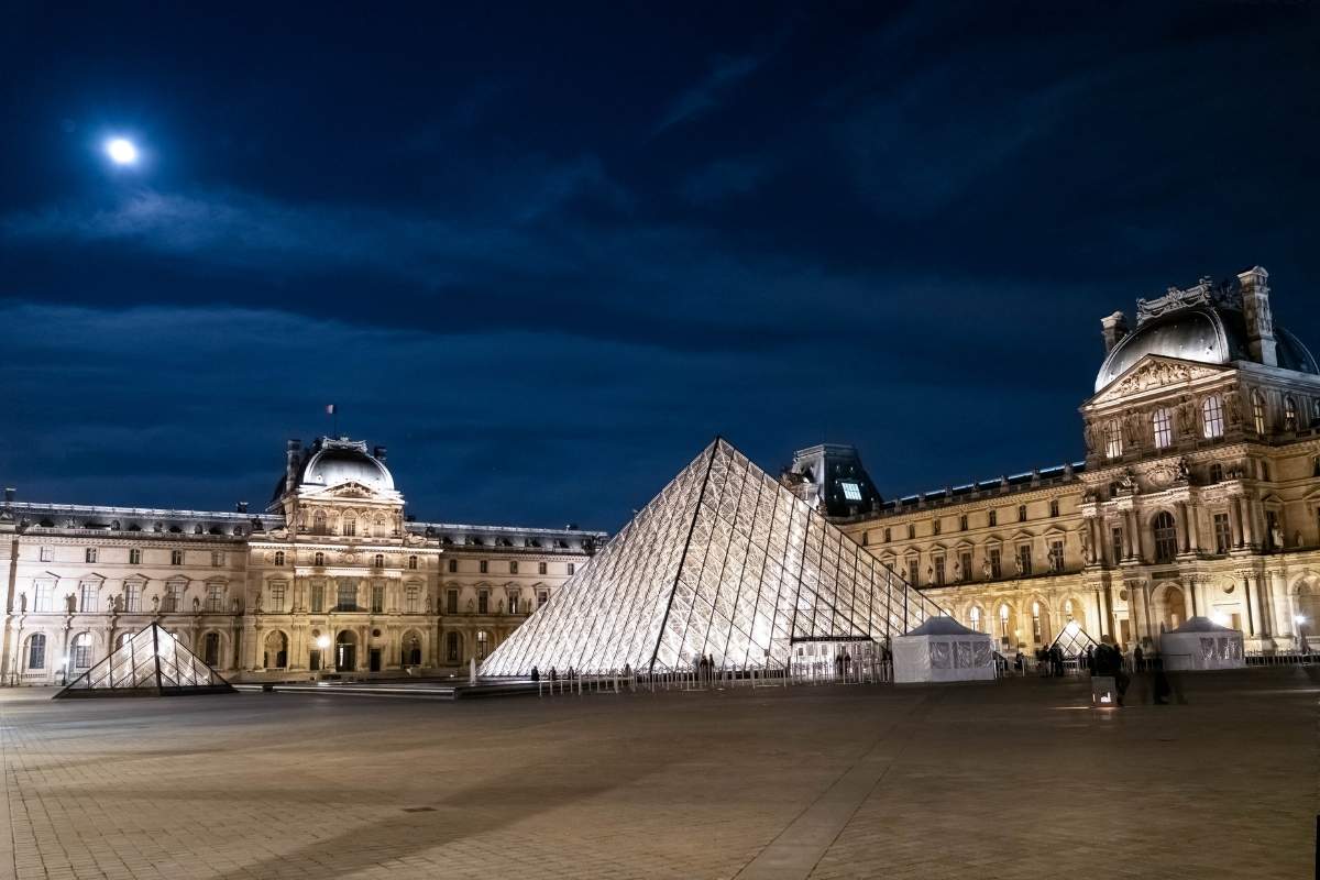 Low angle shot of the Louvre Museum at night in Paris, France