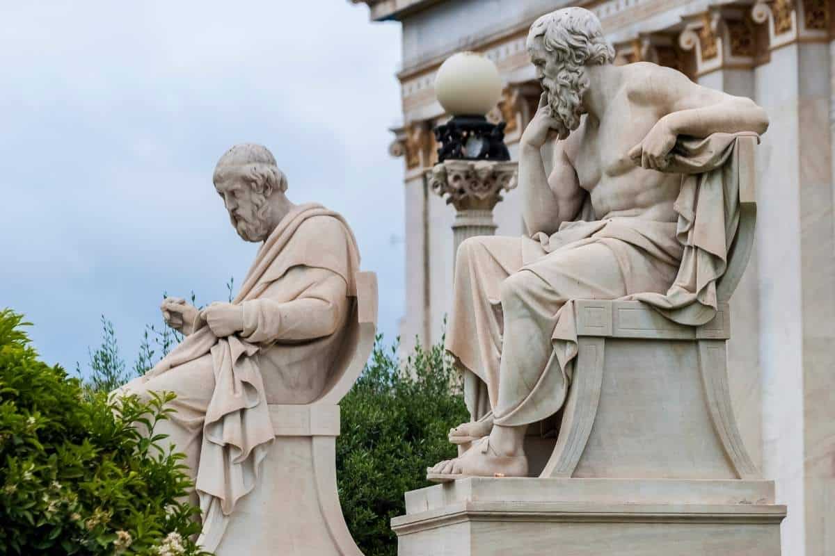 Statues of ancient Greek philosophers, Socrates and Plato in Athens, Greece
