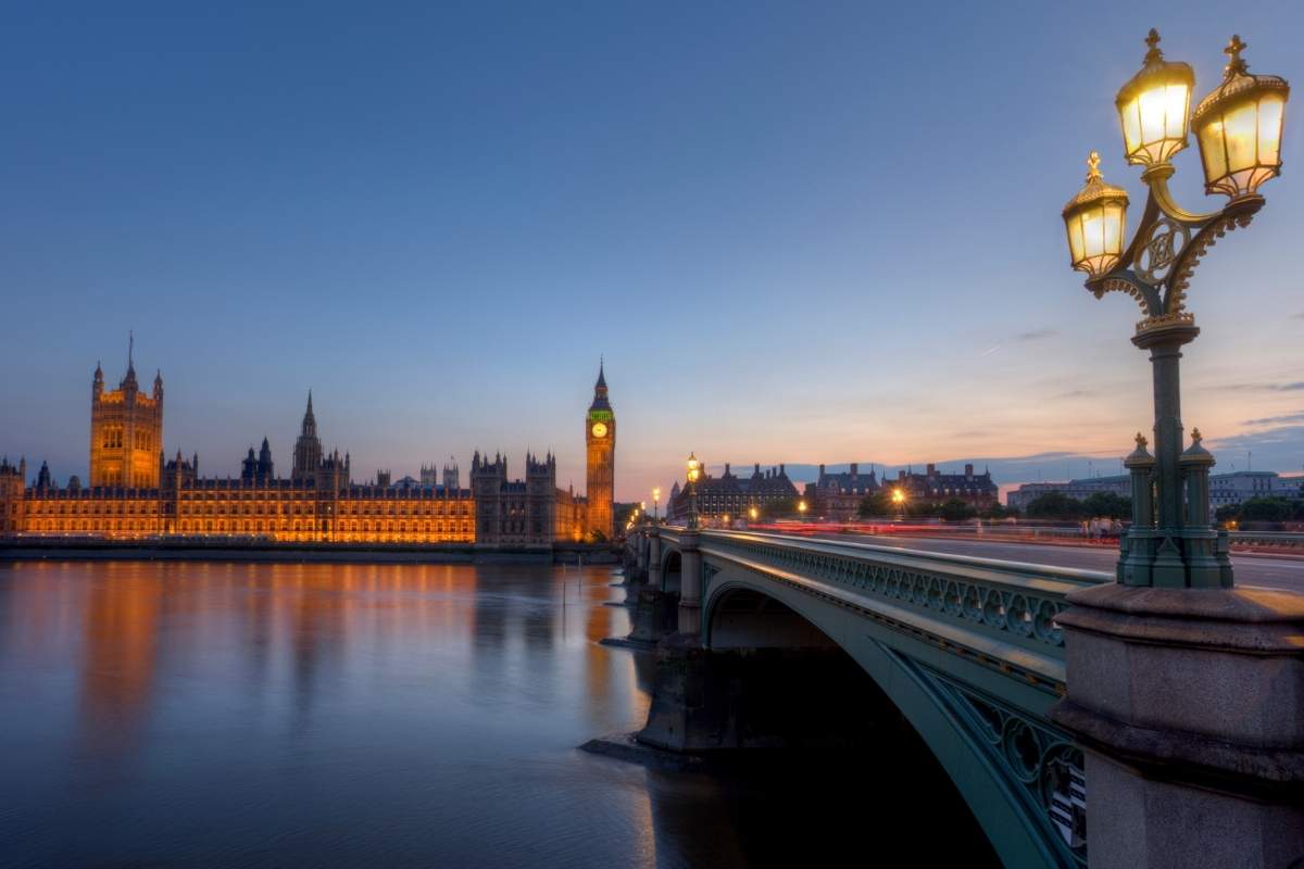 Palace of Westminster and Westminster Bridge, London at dusk 