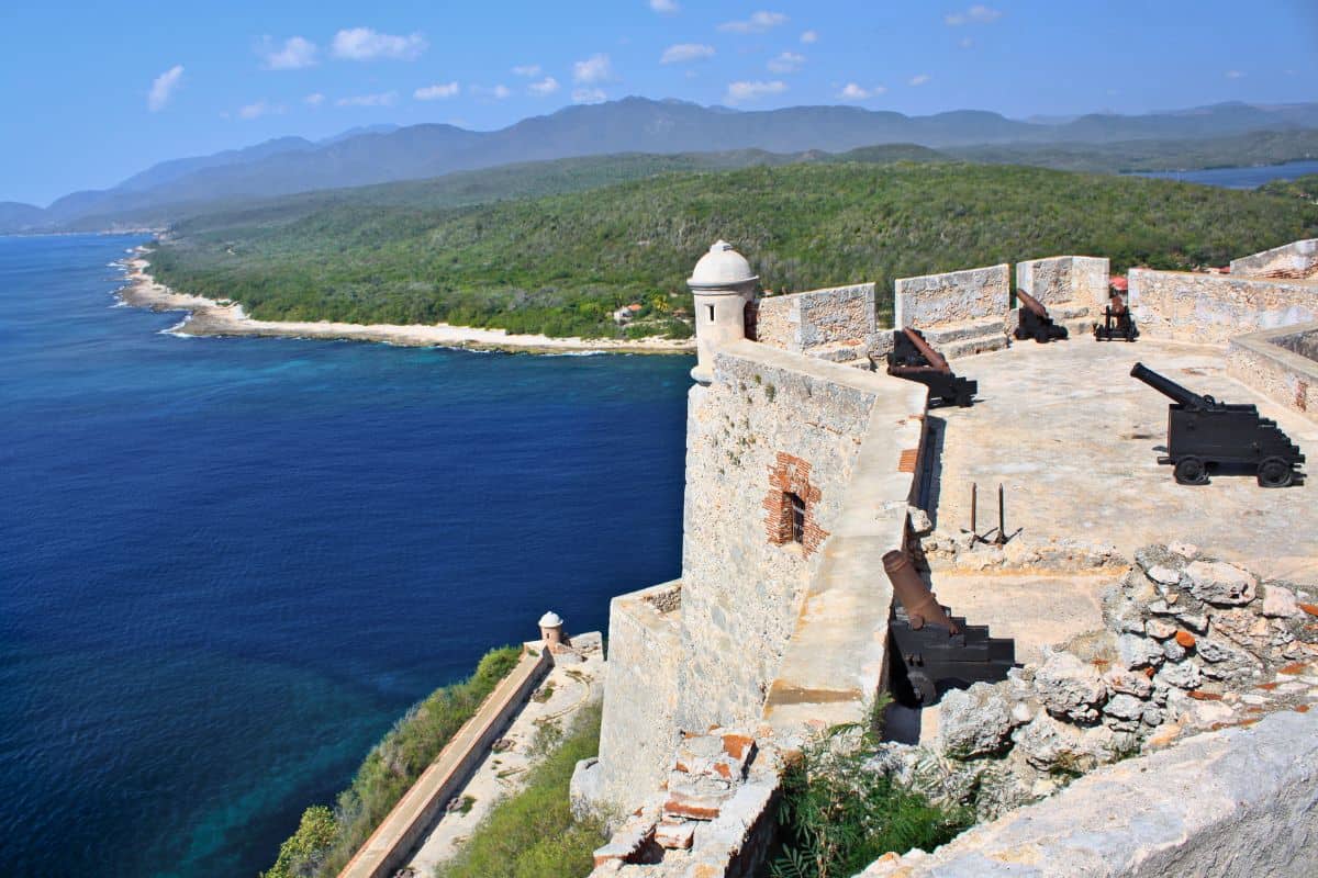 The fortress of San Pedro de la Roca overlooking the blue waters of the Caribbean ocean on a clear sunny day