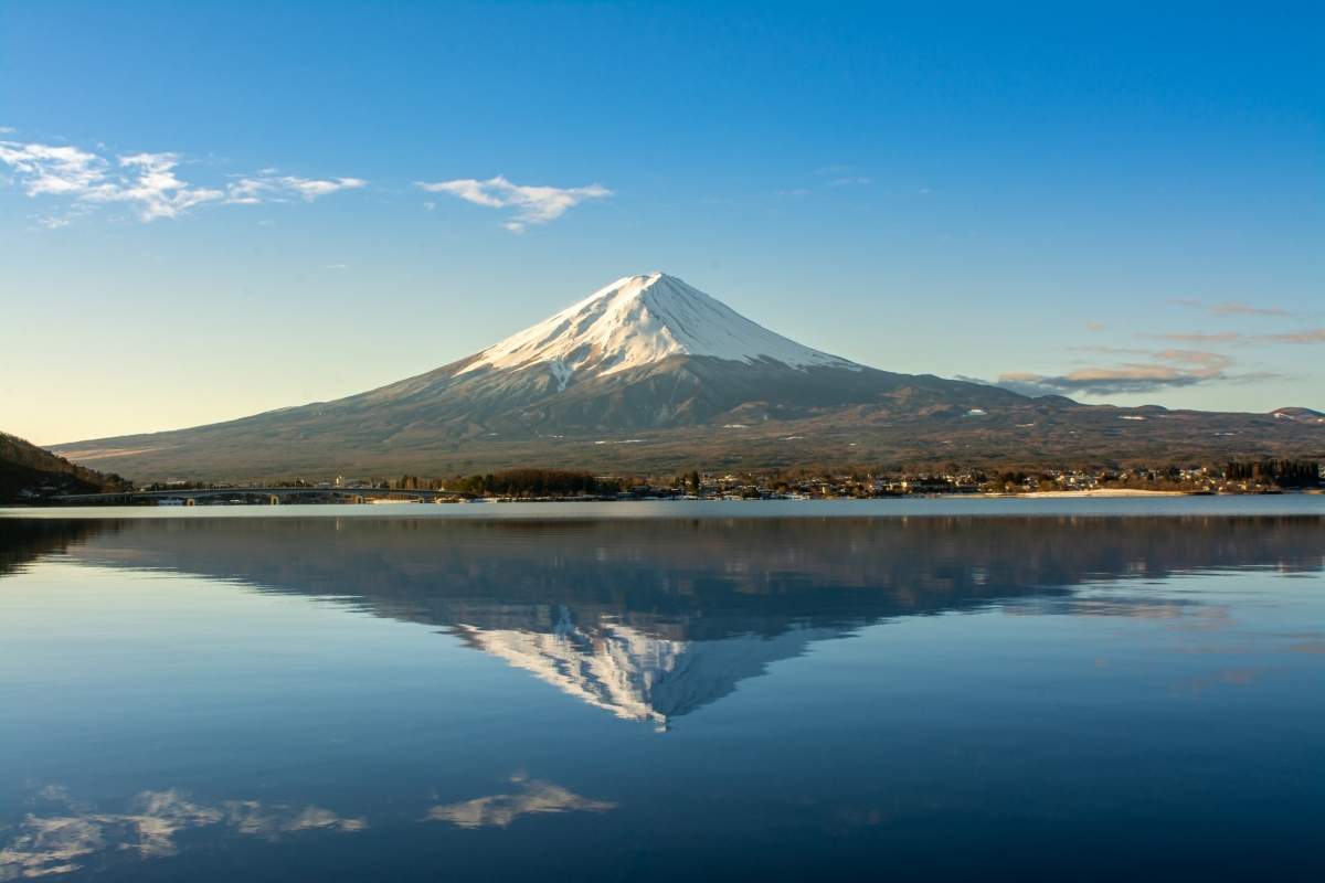 Mount Fuji with a clear blue sky behind it reflected back to itself with a mirror image from the reflection on a body of water.