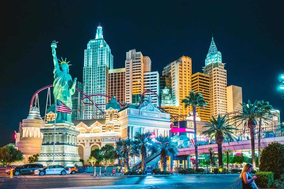 The bright lights and various resorts of the Las Vegas skyline on the strip illuminated at night