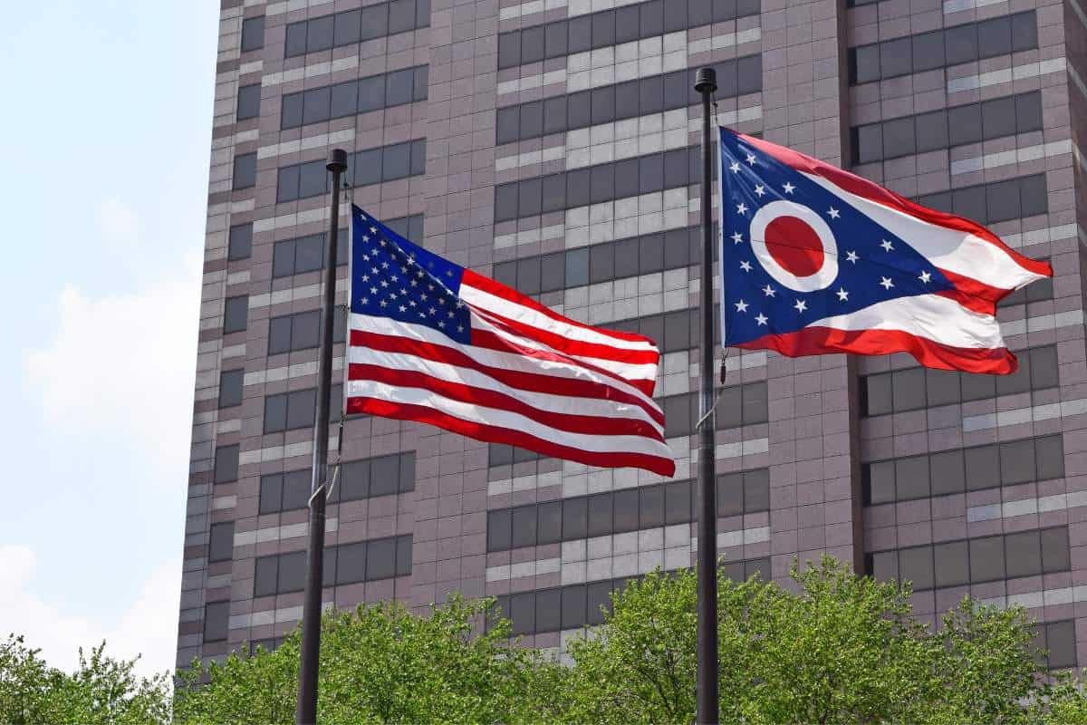 Downtown Columbus, Ohio on a beautiful Spring day with the Ohio and USA flags blowing in the breeze  