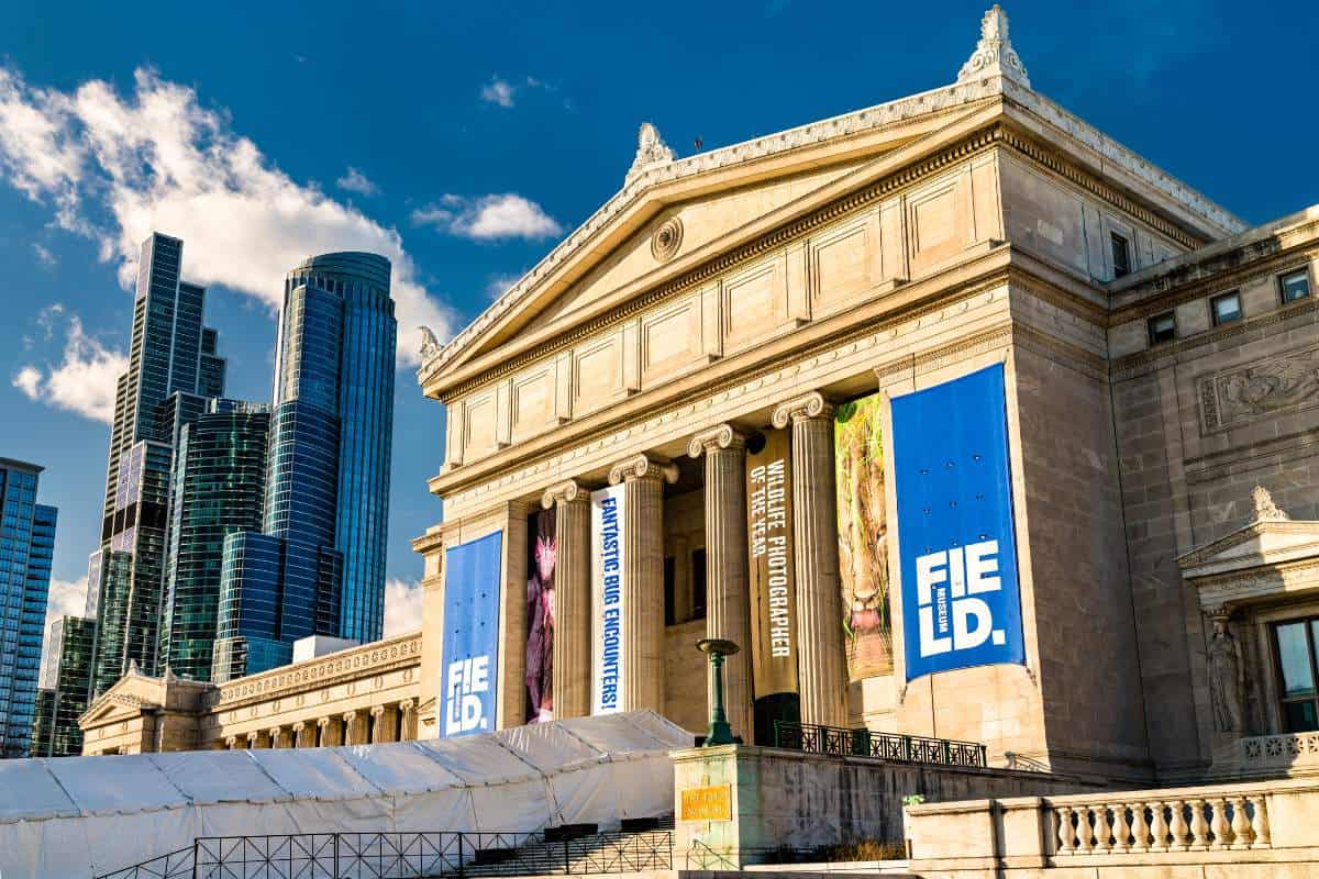 Exterior shot of the the Field Museum with the Chicago skyline in the background against a blue sky with white clouds