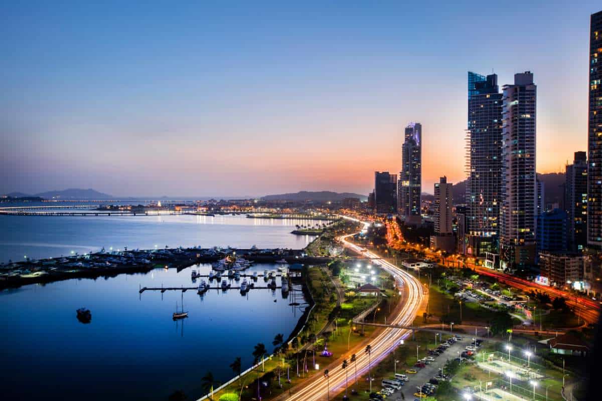 Aerial image of Panama City, the capital city of Panama at dusk