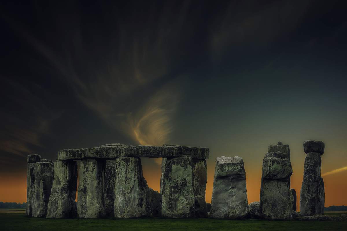 Mysterious circle of large stones gathered in a circle captured at dusk