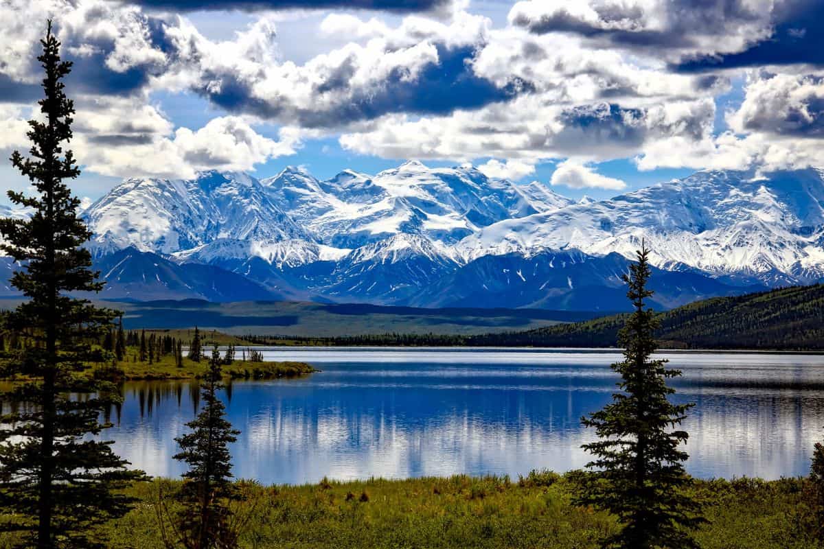 Glacier mountains over a lake in Alaska 