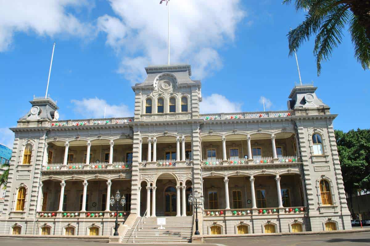 Front view of the steps to Iolani Palace located on the island of Oahu, Hawaii