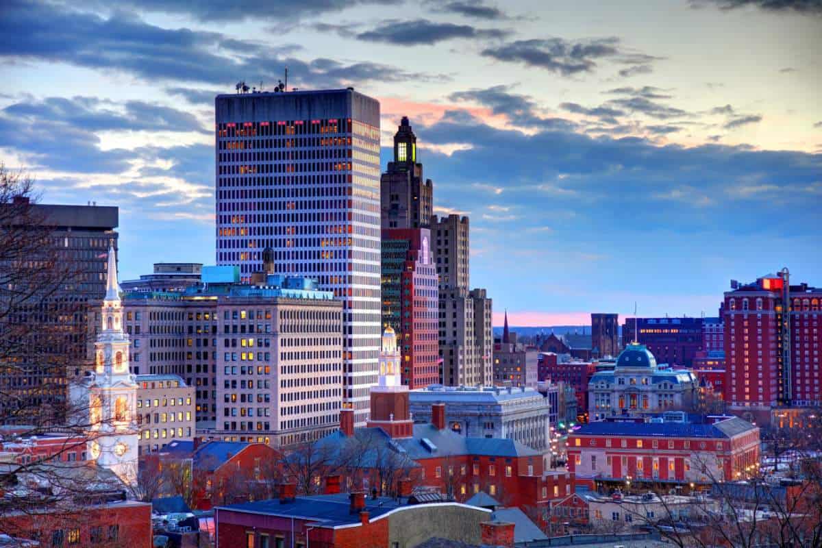 Downtown aerial view of the capital of Rhode Island, Providence