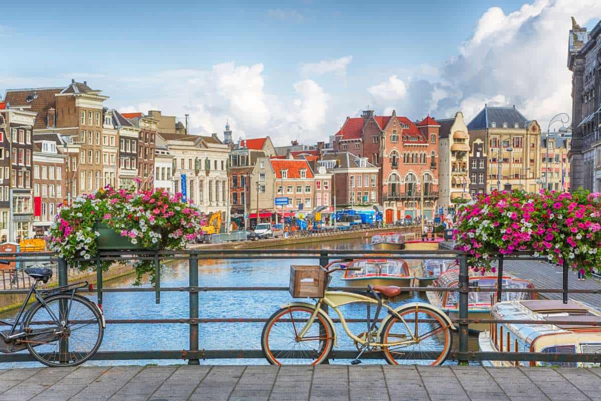 A scene from Amsterdam, Netherlands on a blue and sunny day.