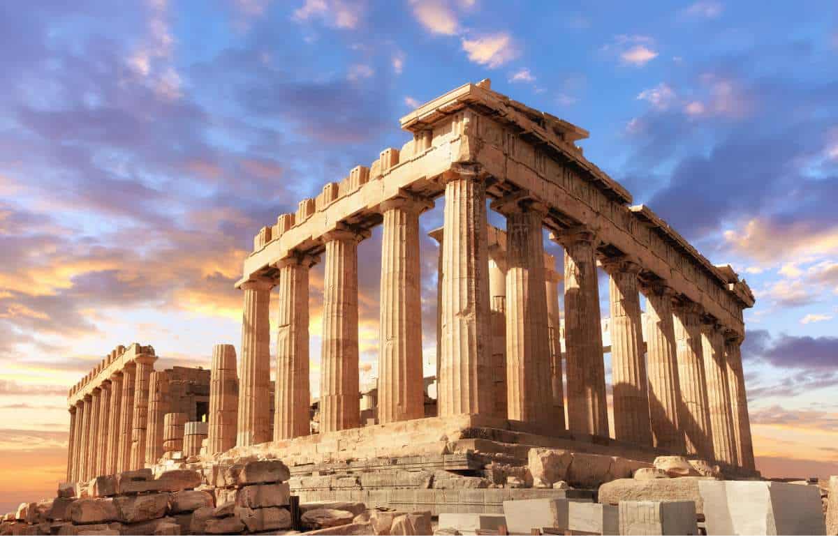 A view of the Acropolis at sunset in Athens, Greece